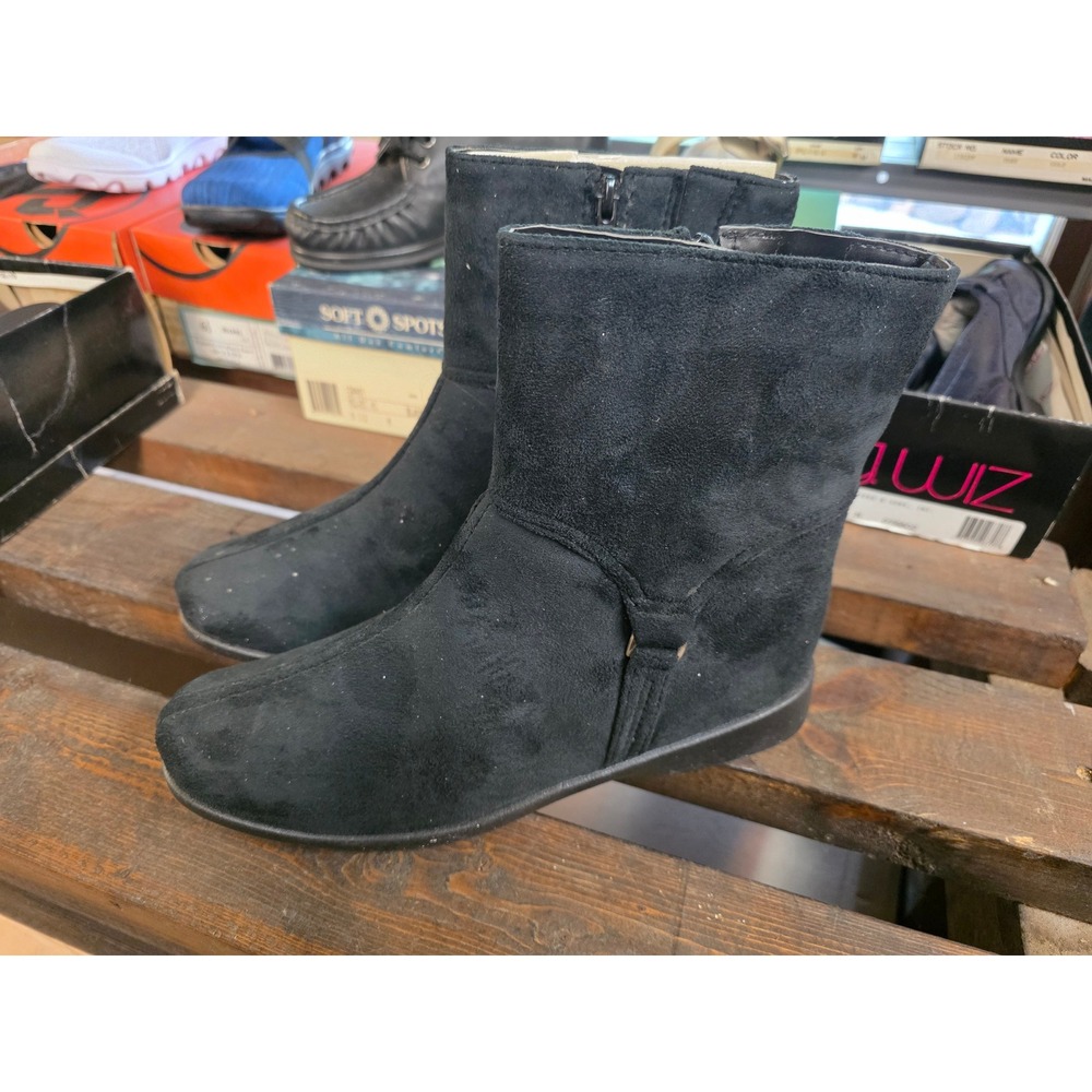Black Faux Suede Ankle Boots Womens 9 M Side Zip Low Wedge